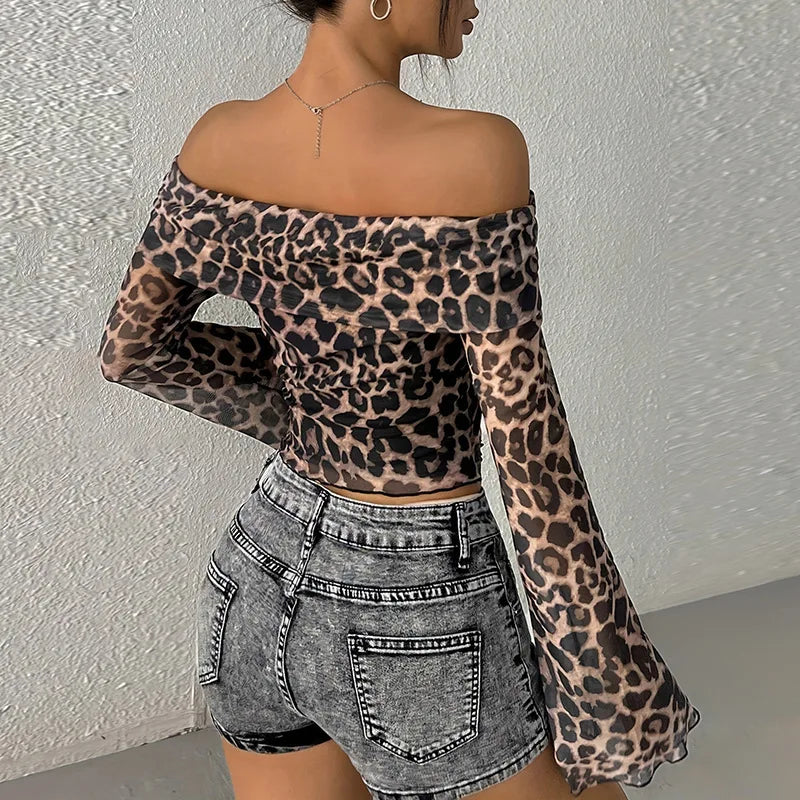 Chic Off Shoulder Leopard Print Top