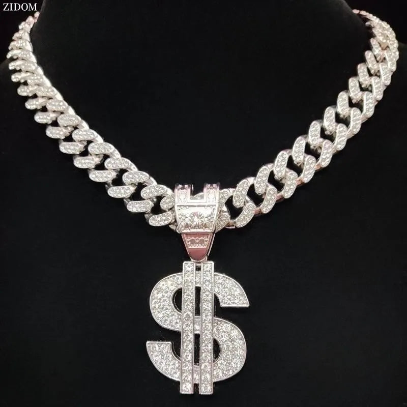 Hip Hop Iced Out Bling Necklace With $ Pendant