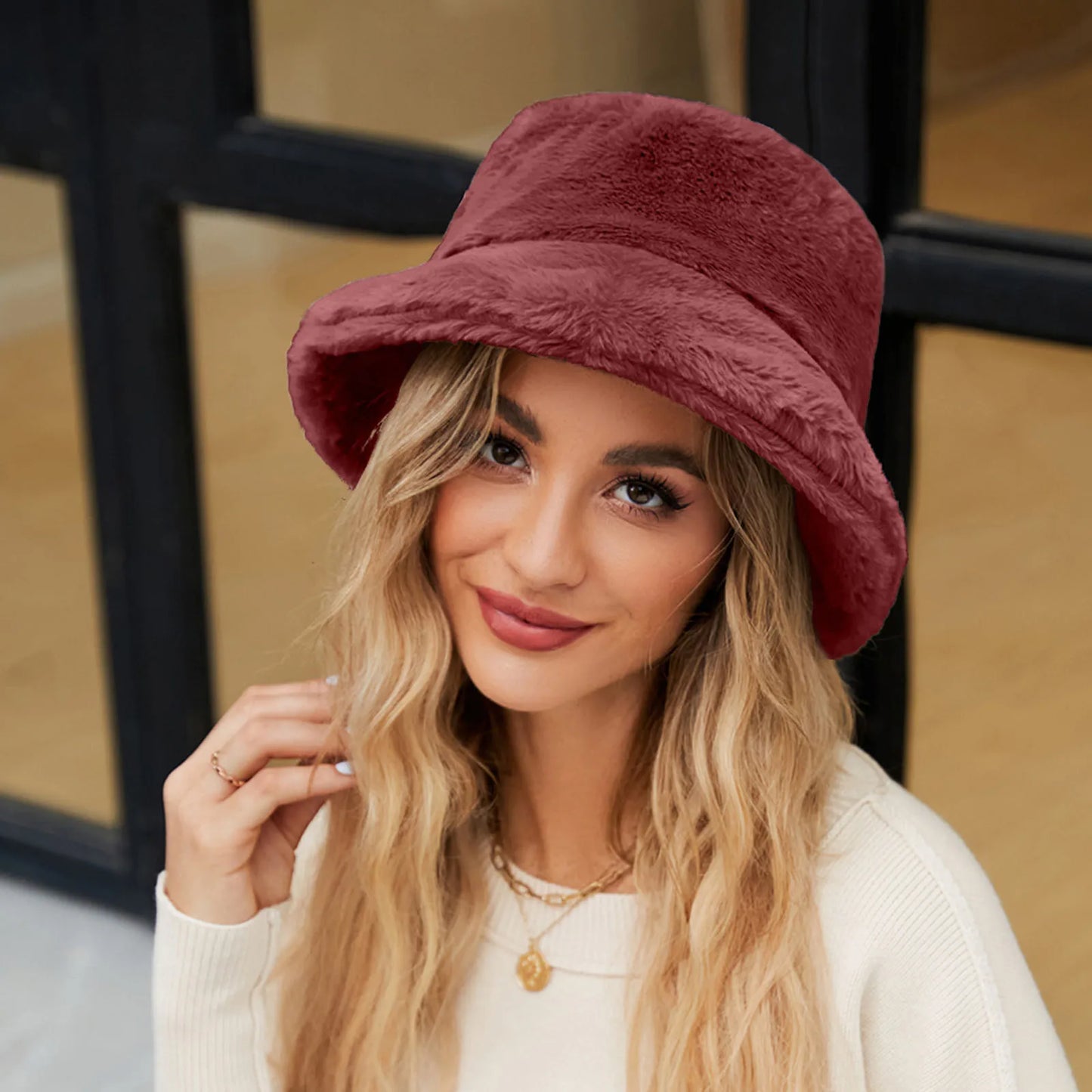 Faux Fur Wide Brim Plush Bucket Hat