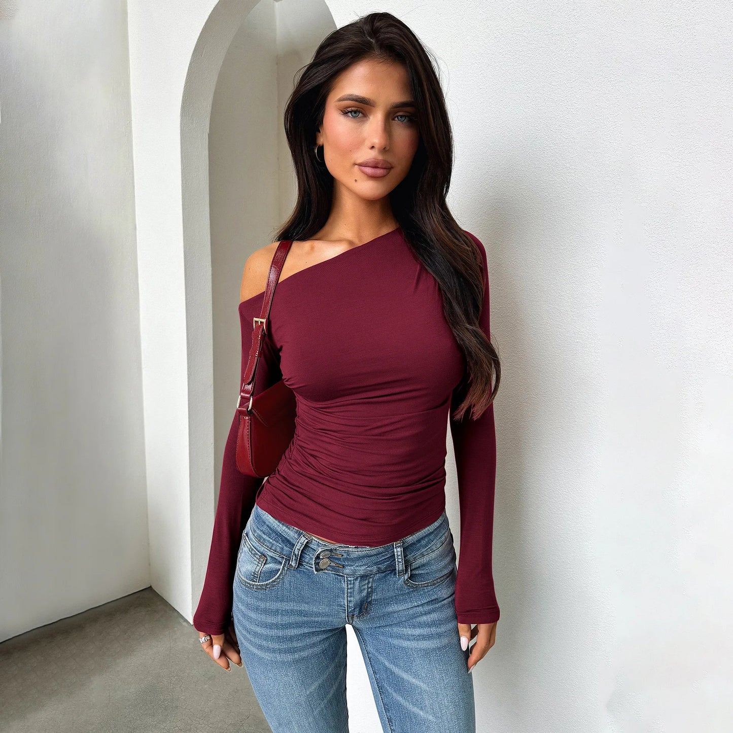 Casual Long Sleeve Slant Neck Off Shoulder