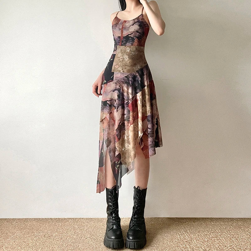 Distressed Floral Print Irregular Long Dress Summer Dress