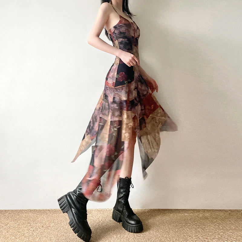 Distressed Floral Print Irregular Long Dress Summer Dress