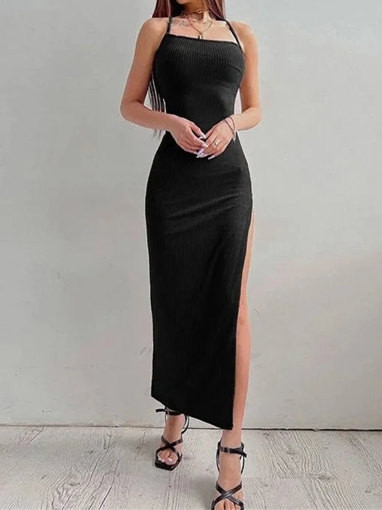 Sexy Backless Sleeveless Halter Neck Spaghetti Strap Dress With Slit