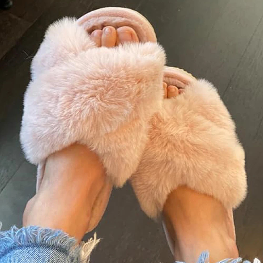 Cross Band Fuzzy Fur Slippers