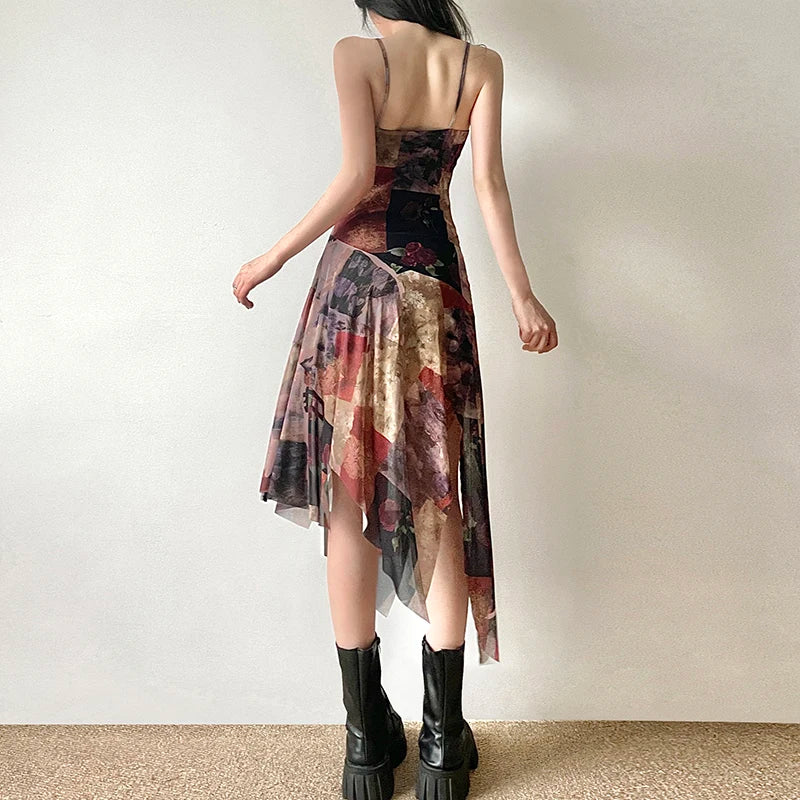 Distressed Floral Print Irregular Long Dress Summer Dress