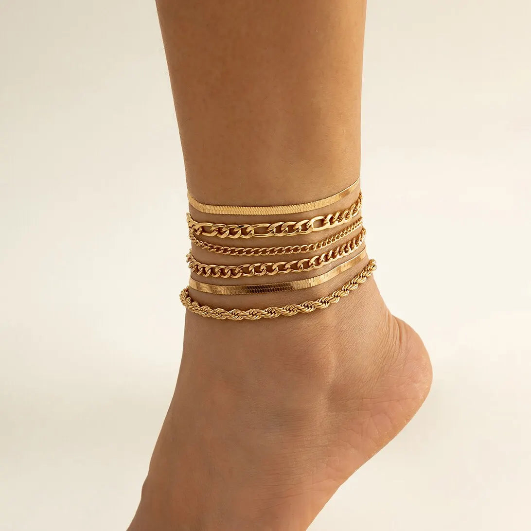 6 Pcs Gold Anklet Set