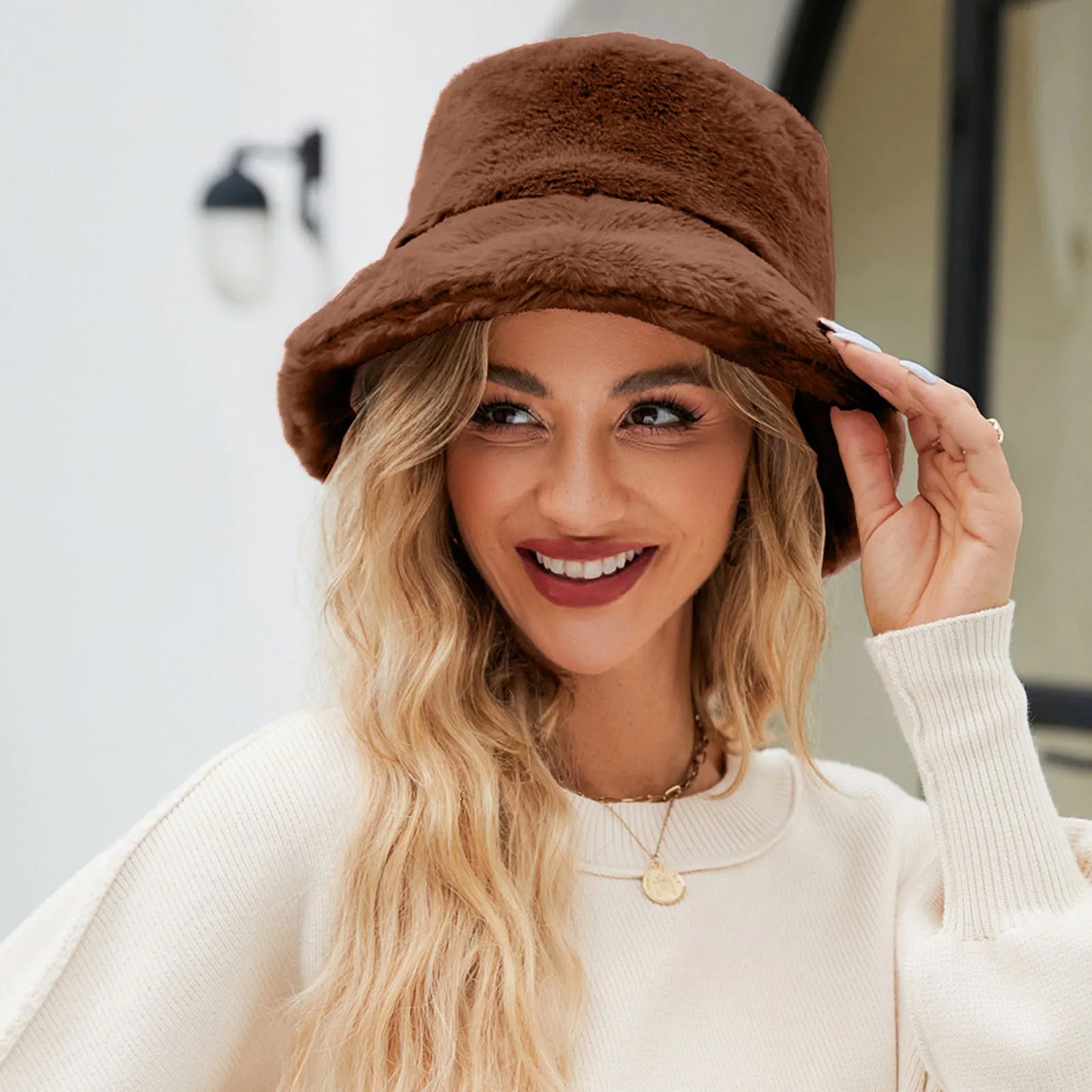 Faux Fur Wide Brim Plush Bucket Hat